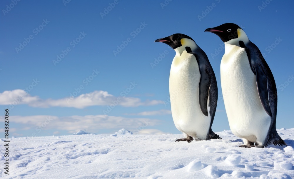 Fototapeta premium Penguins standing in the snow, side view, blue sky background, high definition photography