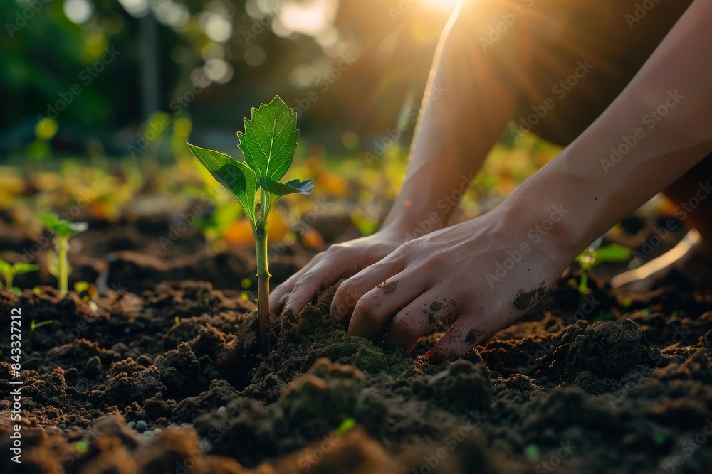 Fototapeta premium Close-up image capturing a woman's hands tenderly planting a young tree, with sharp focus on the rich soil, the plant, and soft sunset rays illuminating the green garden bed