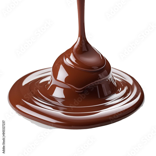 Close-up of chocolate being poured into a white bowl on white background.