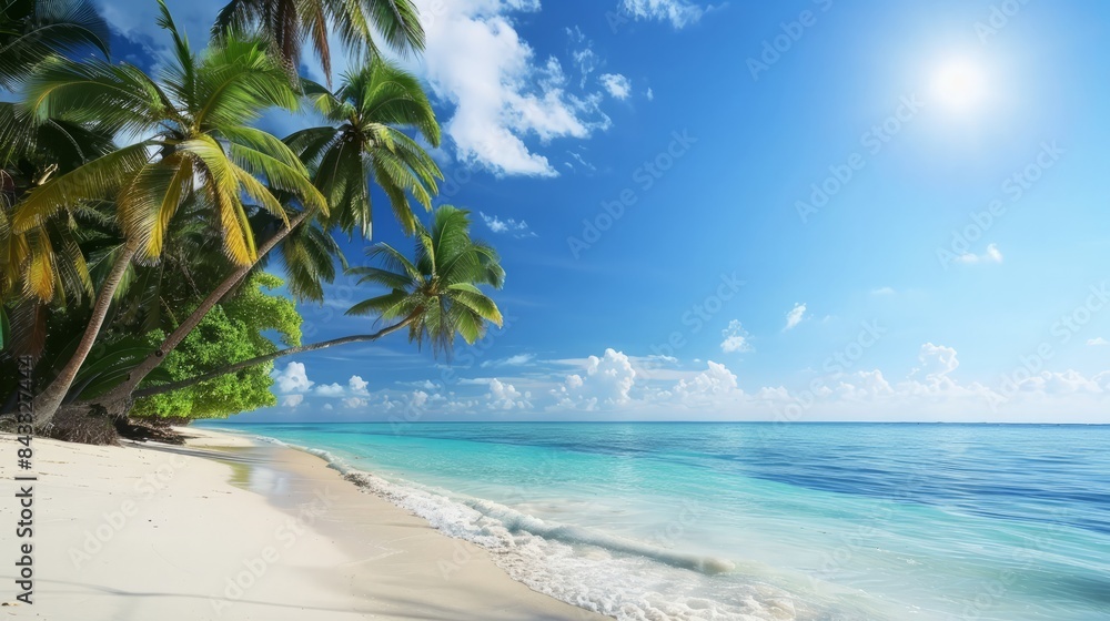 Beautiful tropical beach at exotic island with palm trees