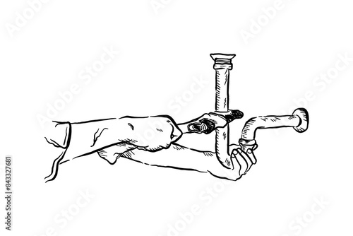 Plumb plumbing install repair service, hand drawn line drawing sketch vector illustration