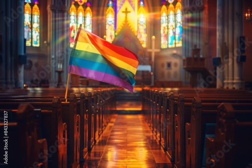 A Pride Day rainbow flag harbingers a message of inclusion, waving within the solemnity of an empty church, accented by pews and stained glass windows. photo