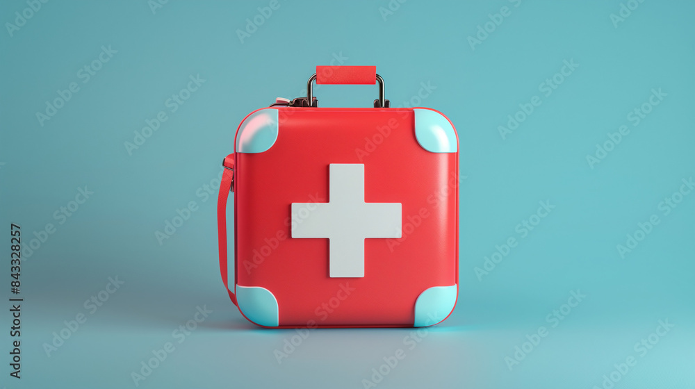 Fototapeta premium 3d first aid medicine box with plus icon. Vaccination medical equipment, emergency pack, hospital or ambulance safety bag. medical pharmacy medicament. 3d medicine cure icon vector render illustration