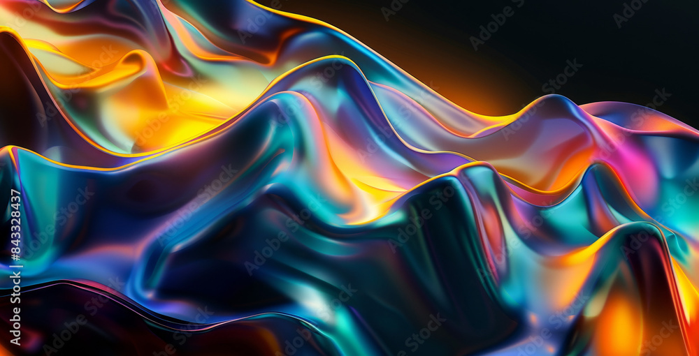 Naklejka premium Abstract fluid 3D render holographic iridescent colorful wave on black background with copy space for your text