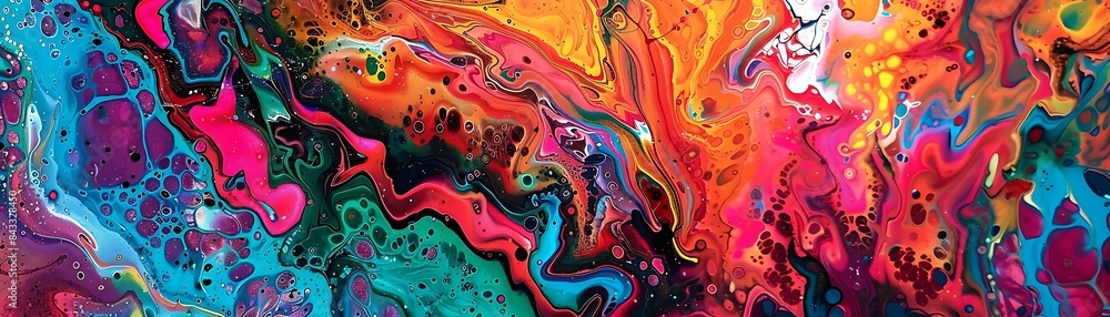 a colorful abstract painting featuring a red, yellow, green, blue, and purple color scheme