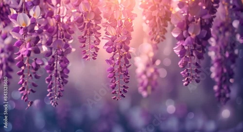 A cascade of wisteria flowers hanging from above, soft purple tones