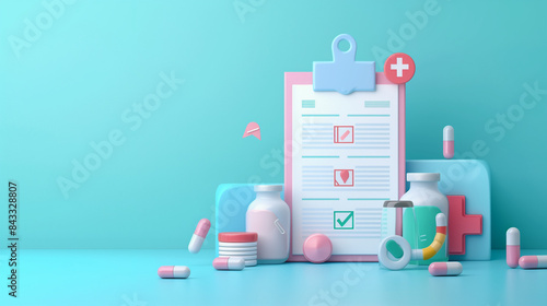3D Health insurance concept. Realistic 3d design of Big clipboard with document checklist Life insurance family health care protection and medical service in cartoon minimal style. Vector illustration