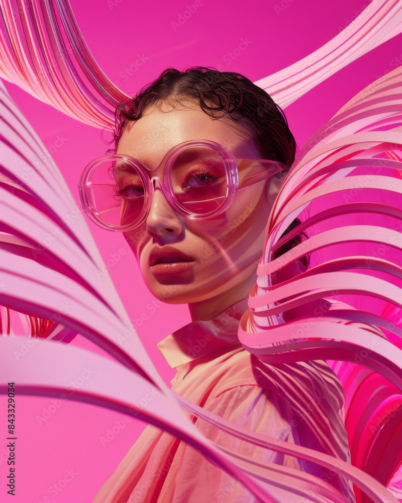 A woman wearing pink glasses and a pink shirt A woman wearing pink glasses and a pink shirt
