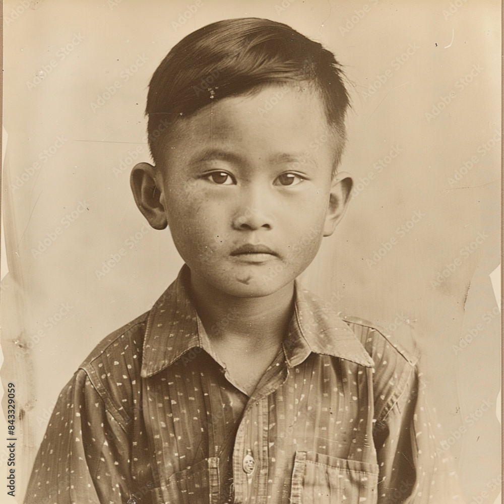 Obraz premium A chinese boy, 1940s, photo, square face 