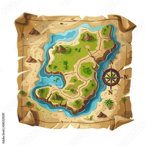 Cartoon style game icon of an old treasure map with islands on a white background