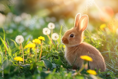 Cute brown rabbit in a green field of dandelions  looking at the camera on a sunny spring day. Easter themed background with open space. Easter bunny concept. 