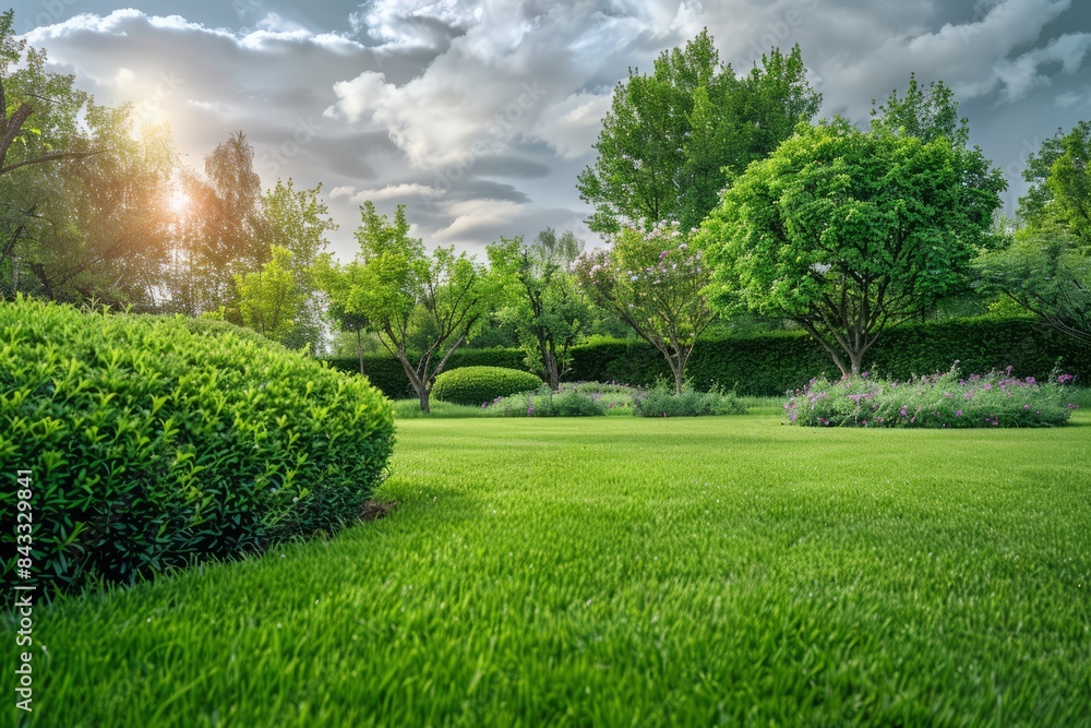 Obraz premium Fresh green grass smooth lawn as a carpet with curve form of bush, trees on the background, good maintenance lanscapes in a garden under cloudy sky and morning sunlight