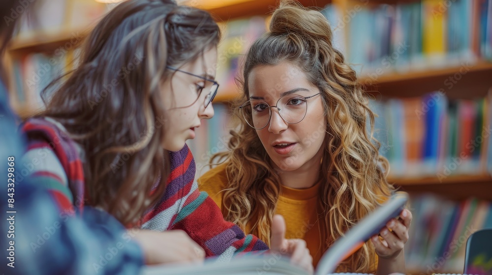 Young woman explaining and helping friend study in library with bookshelves in background Young woman explaining and helping friend study in library with bookshelves in background