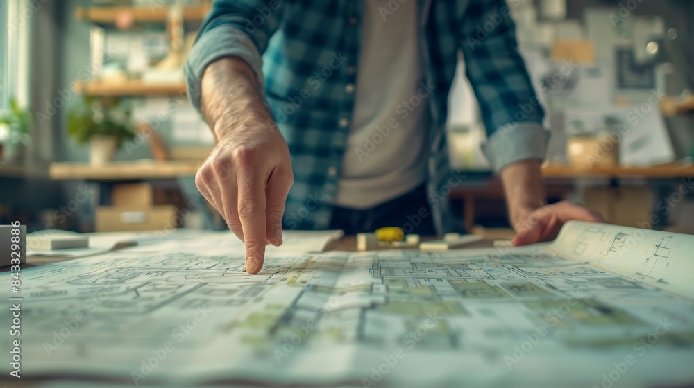 Architect pointing at detailed blueprint in a creative workspace filled with design materials and natural light Architect pointing at detailed blueprint in a creative workspace filled with design materials and natural light