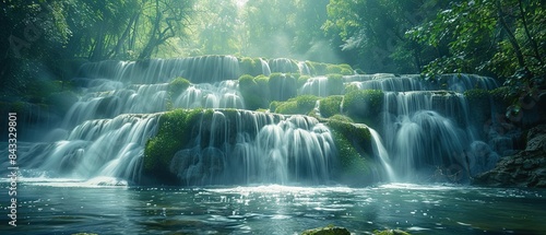 A waterfall is flowing into a river. The water is clear and calm. The scene is peaceful and serene
