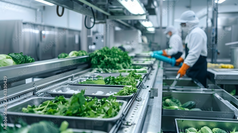 Green Vegetables Moving Along a Conveyor Belt in a Food Processing Plant