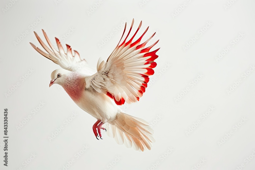 Obraz premium beautiful white and red pigeon flying by flaps the wing On White Background 
