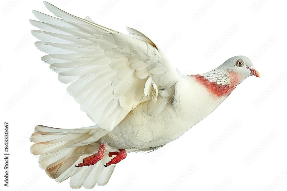Obraz premium beautiful white and red pigeon flying by flaps the wing On White Background 