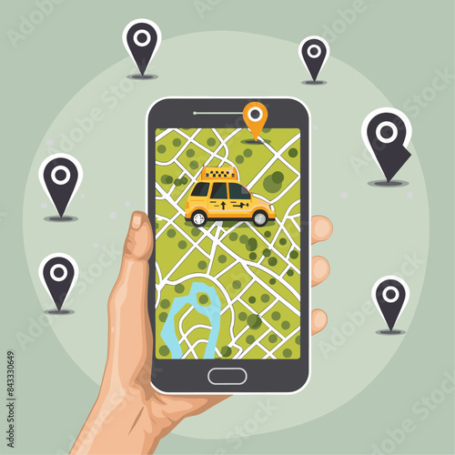 A cartoon-style illustration of an Phone with the map app open, displaying yellow taxi symbols on its screen