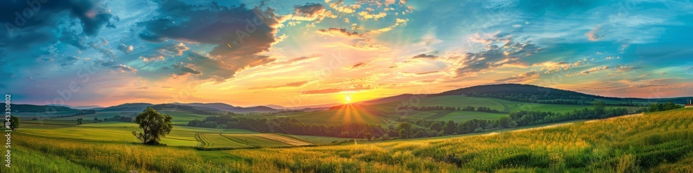 Obraz premium Panorama colorful magnificent sunset in countryside above hills and fields, beauty nature background