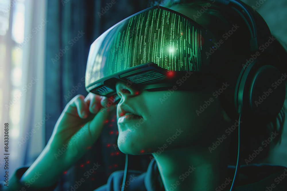 e Virtual Reality Experience with Futuristic Headset and Headphones Highlighting Advanced Technology in Gaming and Digital Interaction e Virtual Reality Experience with Futuristic Headset and Headphones Highlighting Advanced Technology in Gaming and Digital Interaction