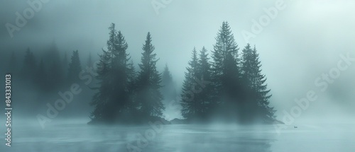 A foggy forest with trees and a lake
