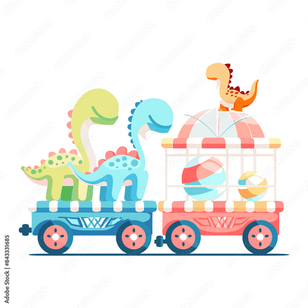 vector sticker style, cartoon cute baby dinosaur in the style of on the train car with a colorful pink and green color palette vector sticker style, cartoon cute baby dinosaur in the style of on the train car with a colorful pink and green color palette