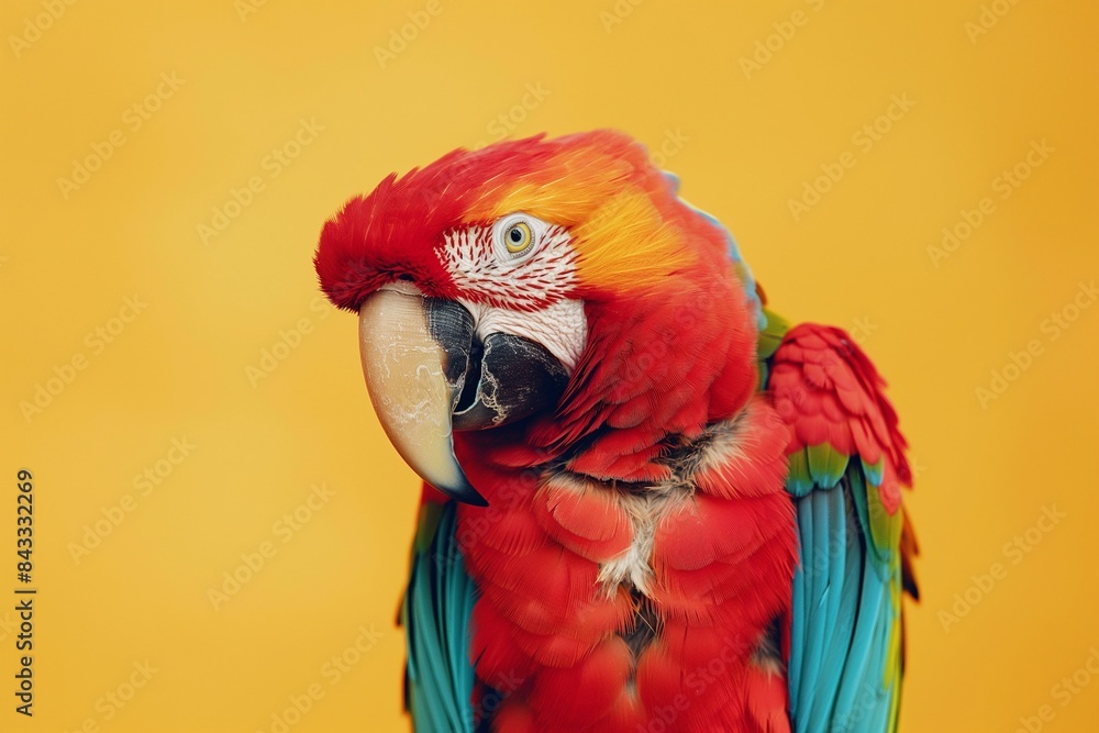 Fototapeta premium A close-up portrait photo of a colourful parrot against a colourful yellow background. The bird is the focal point of attention against the vibrant coloured backdrop, creating a visually appealing and