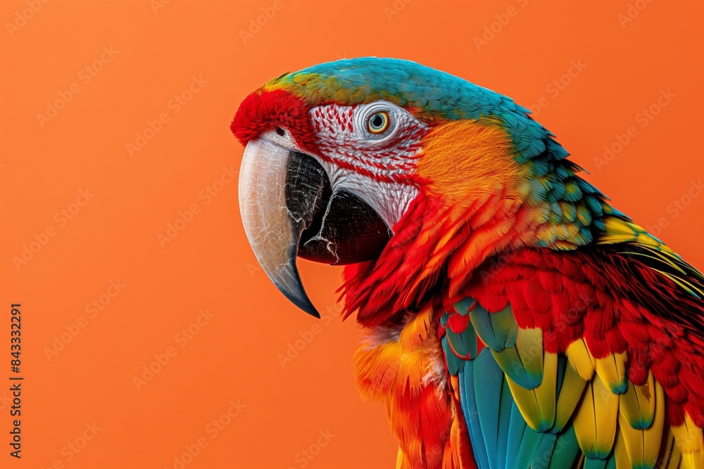 Fototapeta premium A close-up portrait photo of a colourful parrot against a colourful yellow background. The bird is the focal point of attention against the vibrant coloured backdrop, creating a visually appealing and