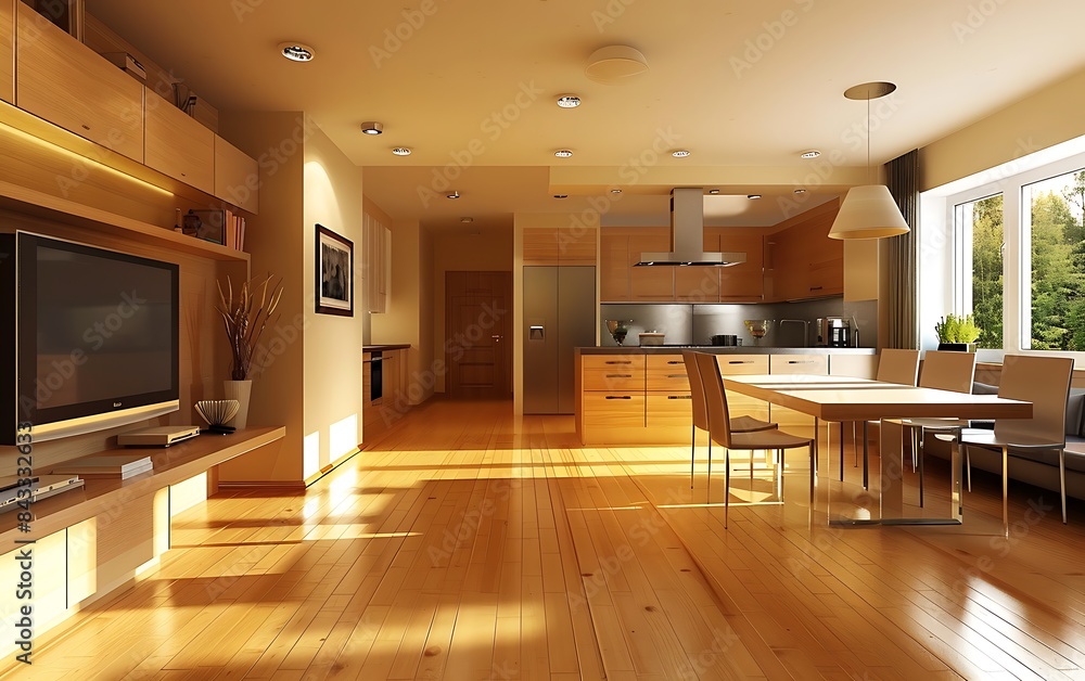 3D rendering of a modern interior design in a minimalist style featuring a kitchen and dining room with a light brown color scheme 3D rendering of a modern interior design in a minimalist style featuring a kitchen and dining room with a light brown color scheme