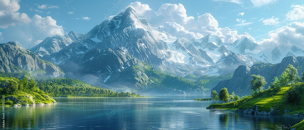 Naklejka premium A beautiful mountain landscape with a lake in the foreground. The mountains are covered in snow and the sky is clear and blue