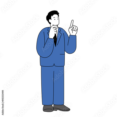 指差しポーズをして考えるスーツを着た男性のシンプルな線画イラスト
