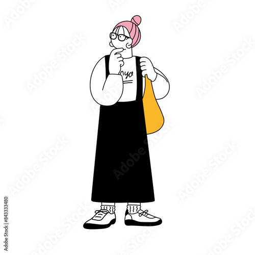 ショッピングをする女性のシンプルな線画イラスト
