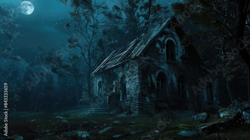 Dilapidated old house in the woods under the moonlight