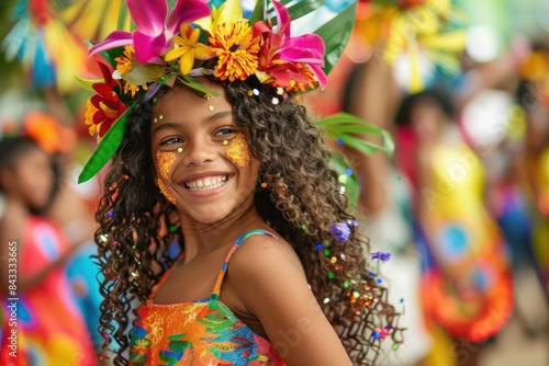 Colorful dress girl enjoying festive atmosphere at carnival event with people in background