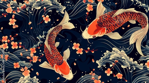 A pattern of traditional Japanese motifs like koi fish, cherry blossoms, and waves.