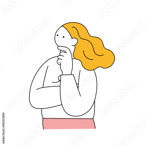 顎に手を当てて考える女性のシンプルな線画イラスト
