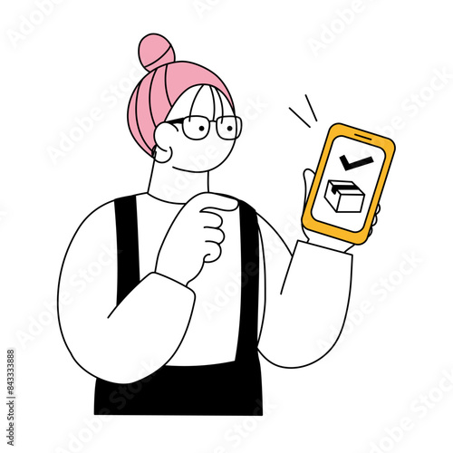 スマートフォンで宅配を頼む女性のシンプルな線画イラスト

