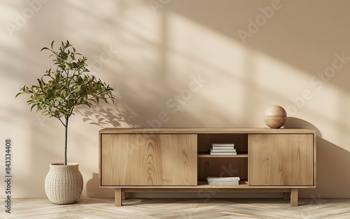 3D rendering of a wooden cabinet with a book shelf and plant on a beige wall background in a living room interior mock up, in the style of a minimalist style concept