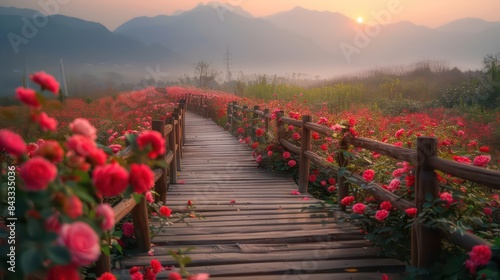 Scenic Sunrise Walk on Wooden Path Through Blooming Flower Field