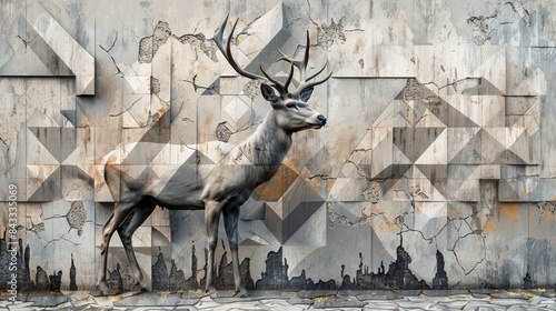 3D modern stereo deer animal, positioned against a cracked stone wall, with abstract geometric elements, creating a striking mural