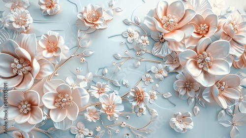 3D mural illustration with white and blue background, featuring intricate rose gold jewelry intertwined with delicate flowers photo