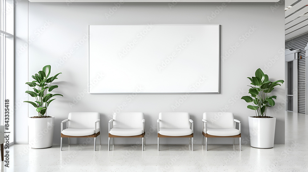 A mockup of an empty white poster on the wall in modern hospital waiting room with comfortable chairs and medical equipment, Mockup blank white blank poster on white wall in hospital, Generative ai A mockup of an empty white poster on the wall in modern hospital waiting room with comfortable chairs and medical equipment, Mockup blank white blank poster on white wall in hospital, Generative ai