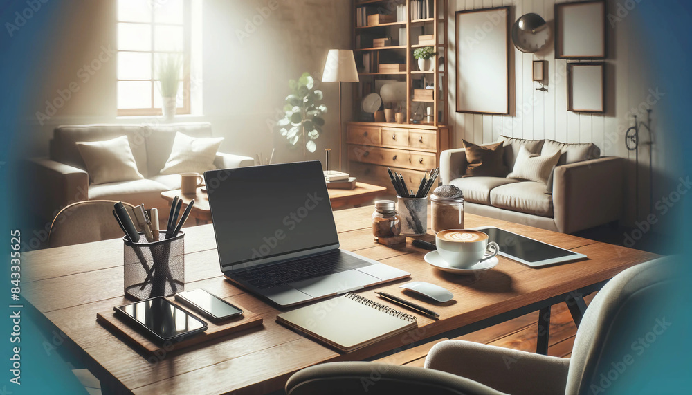 A high-quality image of a remote work setup with a laptop, coffee cup, and other office supplies on a desk in a cozy home environment.
A high-quality image of a remote work setup with a laptop, coffee cup, and other office supplies on a desk in a cozy home environment.