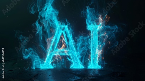 'AI' text in neon turquoise, 3D effect, glowing and burning, against a black background, visually vibrant photo