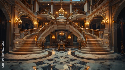 Majestic foyer with a double staircase and dramatic uplighting in a luxury estate photo