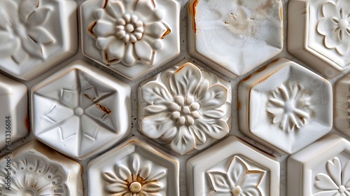 Beautifully crafted hexagonal ceramic tiles, forming a honeycomb pattern, with detailed and unique designs