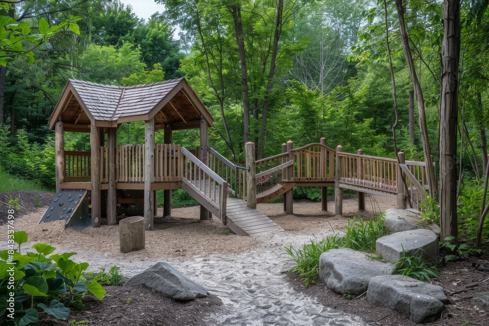 A playground with a wooden playhouse, bridge, and sandpit, surrounded by trees A playground with a wooden playhouse, bridge, and sandpit, surrounded by trees