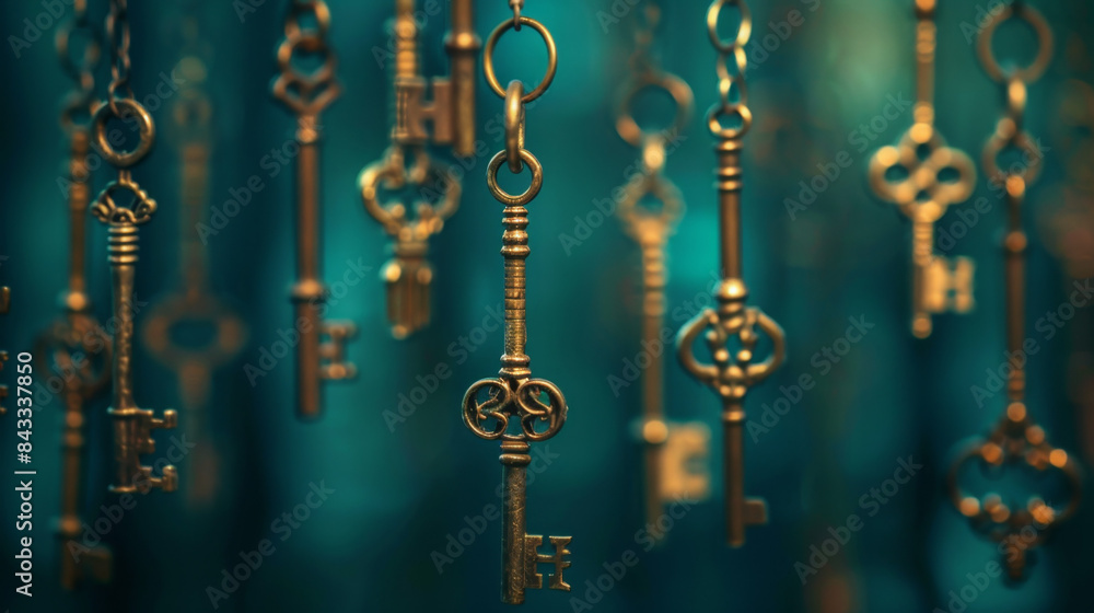 A background of hanging antique keys with ornate, golden accents on a dark blue and green gradient background. The focus is sharp on the vintage key elements against a blurred background A background of hanging antique keys with ornate, golden accents on a dark blue and green gradient background. The focus is sharp on the vintage key elements against a blurred background