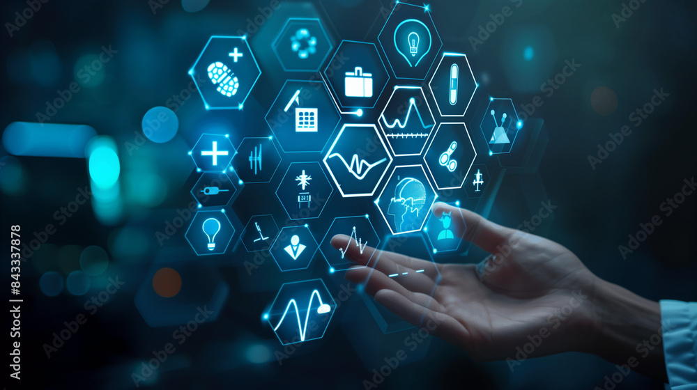 Healthcare system. Medical icons on hexagons made pyramid and hand holding the top element. Health care plane, patient service digital technology, ai integrate, futuristic pharmacy innovation concept Healthcare system. Medical icons on hexagons made pyramid and hand holding the top element. Health care plane, patient service digital technology, ai integrate, futuristic pharmacy innovation concept